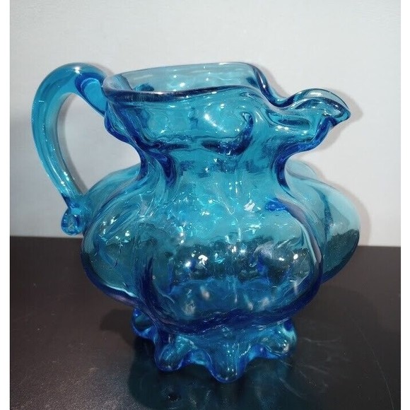 Blue Glass Handblown Creamer Handle Turquoise Bubble Round Decor - Picture 3 of 6